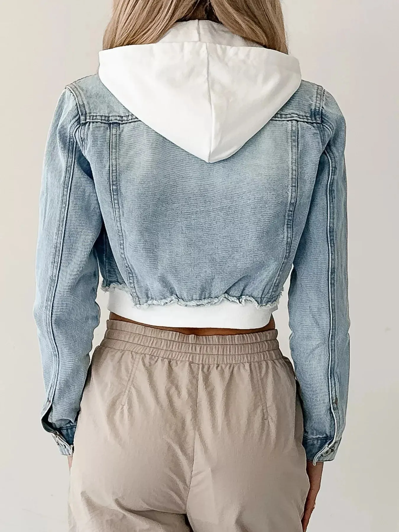 Distressed Zip Up Cropped Hooded Denim Jacket sold by Charming Charlie product image thumbnail 2