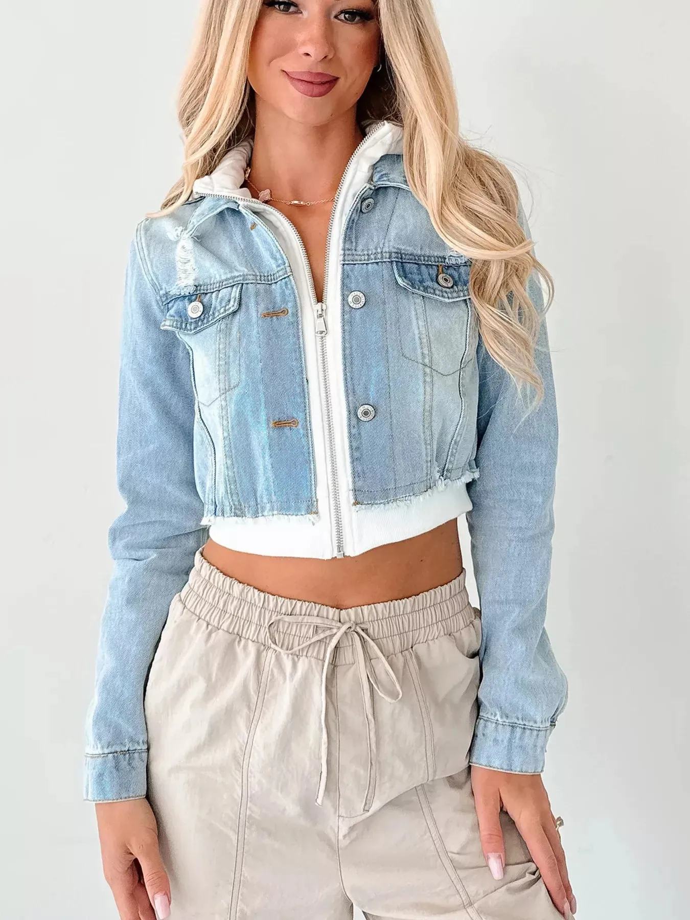 Distressed Zip Up Cropped Hooded Denim Jacket sold by Charming Charlie product image thumbnail 4