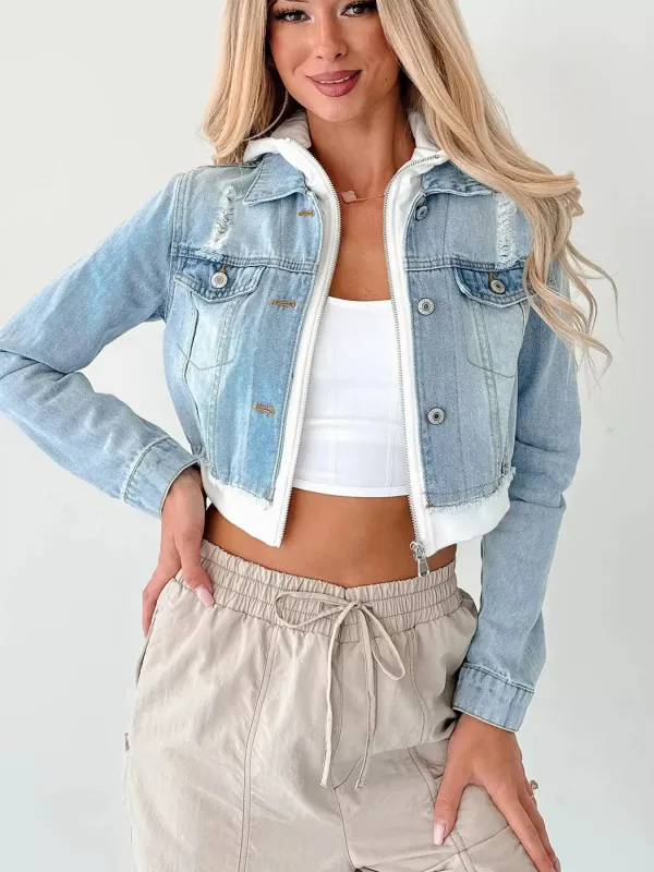 Distressed Zip Up Cropped Hooded Denim Jacket sold by Charming Charlie