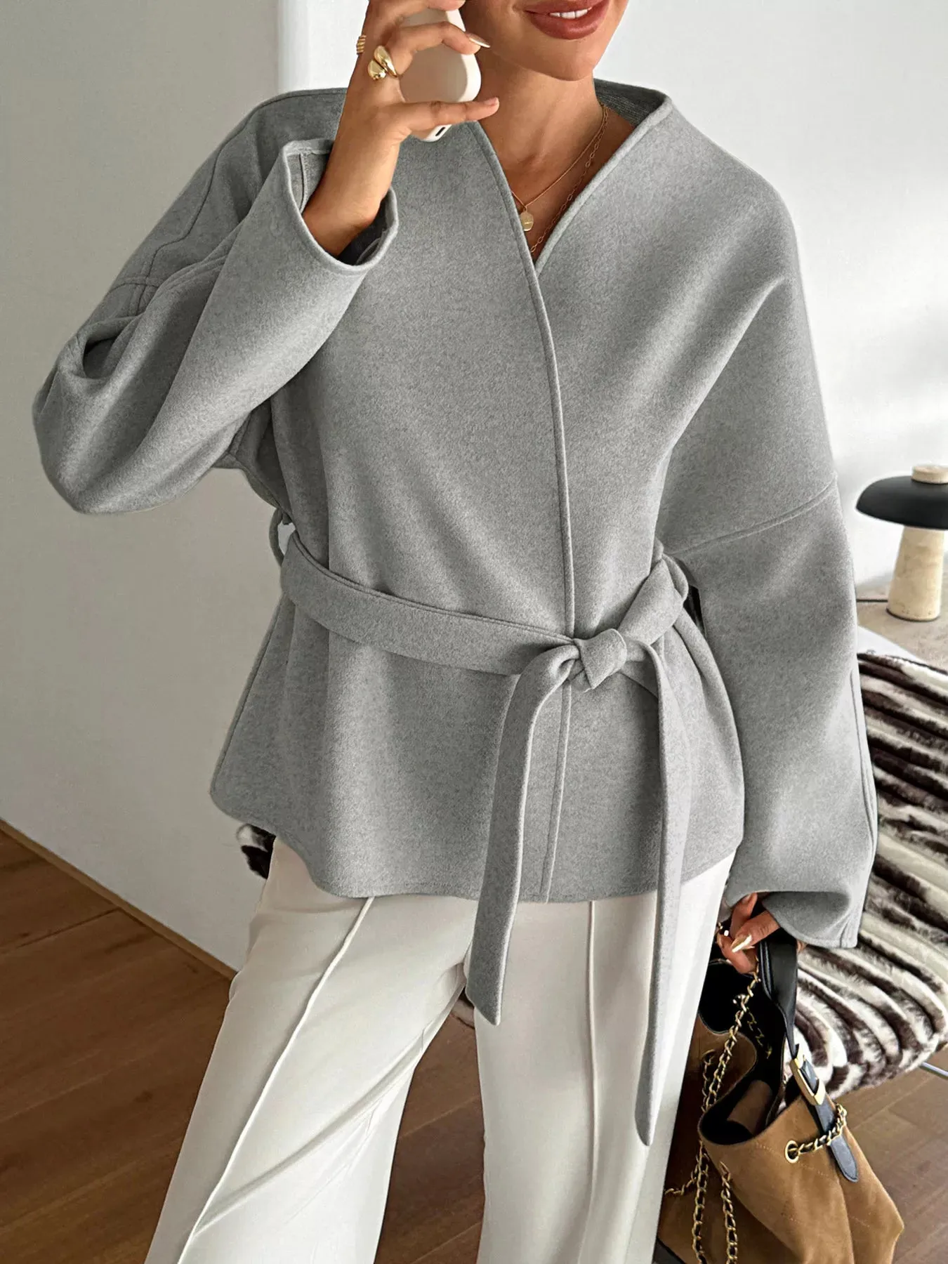 Surplice Dropped Shoulder Tie Belt Outerwear sold by Charming Charlie product image thumbnail 4