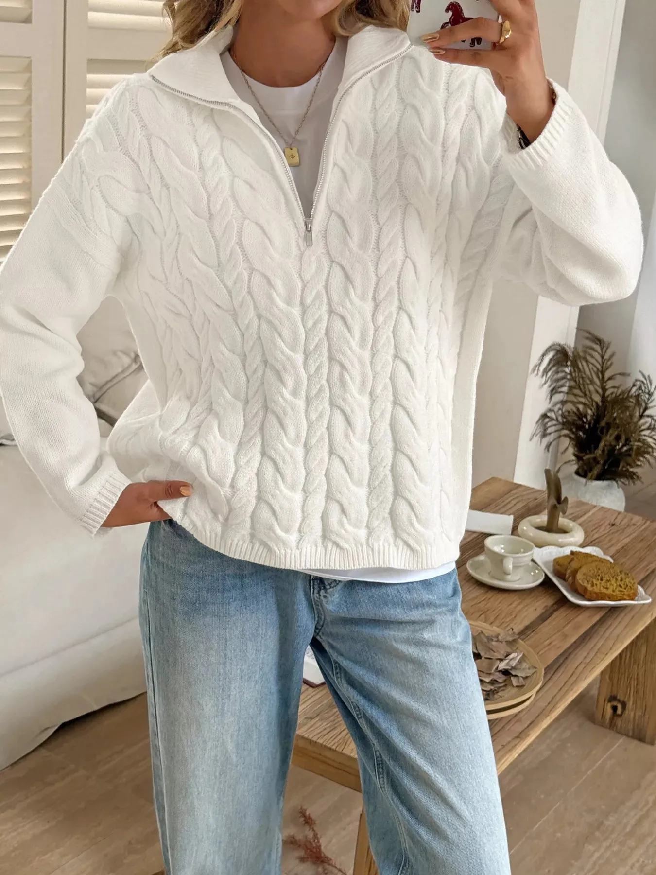 Zip Collar Cable-Knit Sweater sold by Charming Charlie product image thumbnail 2