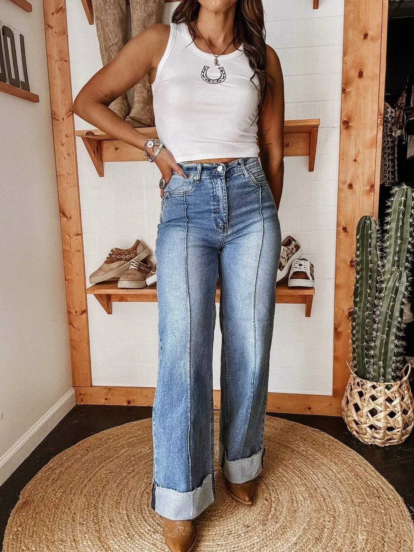 High-Waisted Wide Leg Cuffed Jeans sold by Charming Charlie