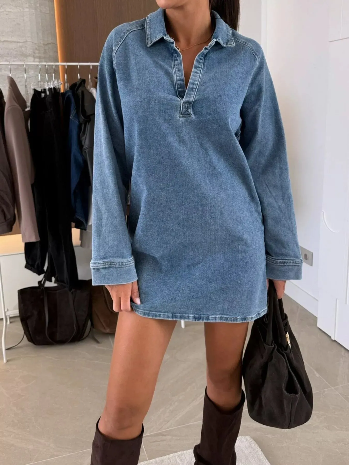 Collared Neck Long Sleeve Denim Dress sold by Charming Charlie product image thumbnail 2