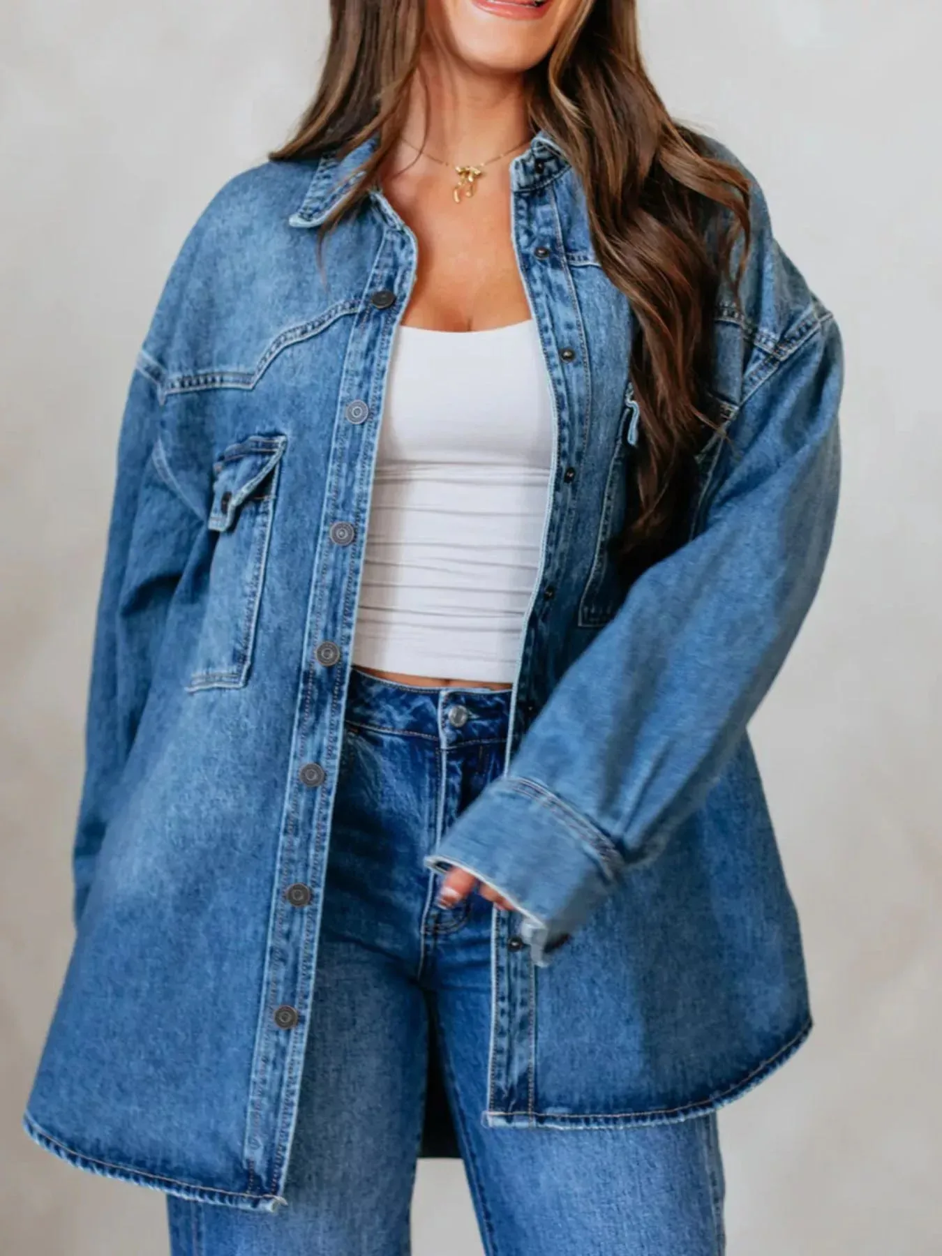 Snap Down Dropped Shoulder Denim Jacket sold by Charming Charlie product image thumbnail 4