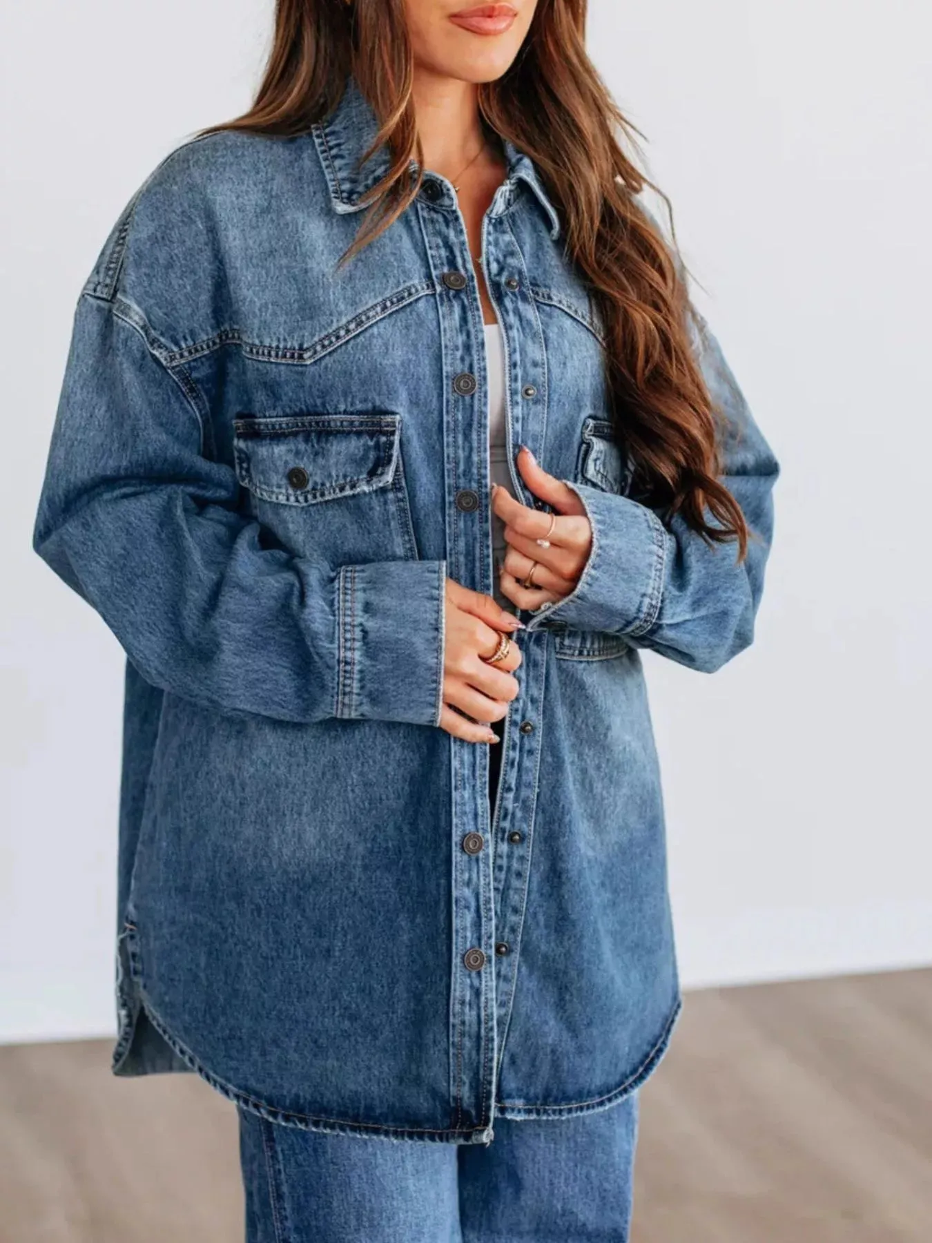 Snap Down Dropped Shoulder Denim Jacket sold by Charming Charlie