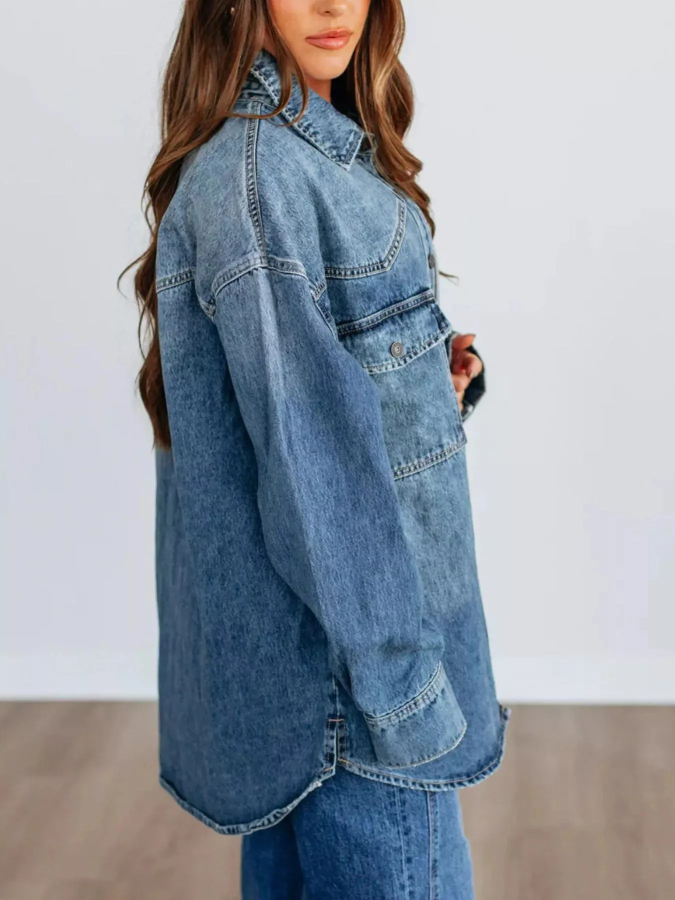 Snap Down Dropped Shoulder Denim Jacket sold by Charming Charlie product image thumbnail 2