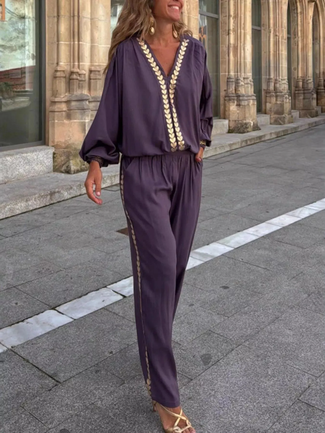 Full Size Contrast Trim V-Neck Top and Pants Set Plus Size sold by Charming Charlie