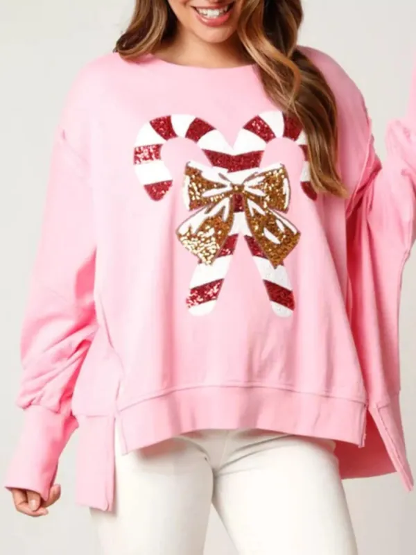 Christmas Candy Cane Bow Dropped Shoulder Sweatshirt sold by Charming Charlie
