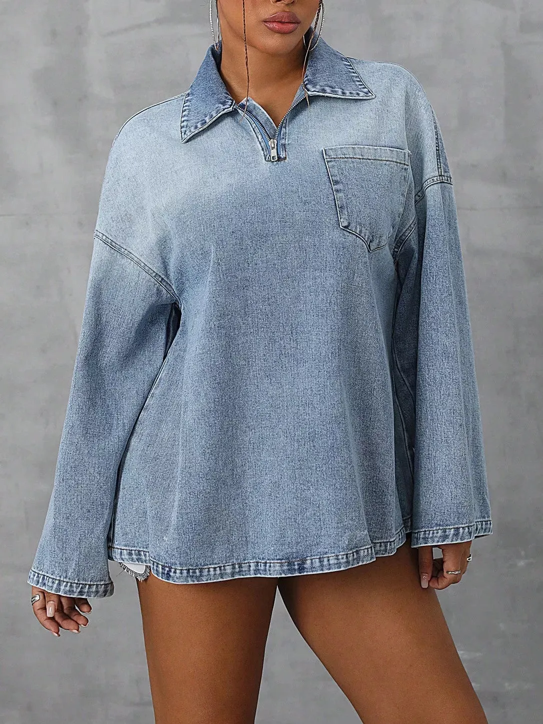 Collared Neck Drop Shoulder Denim Top sold by Charming Charlie product image thumbnail 3