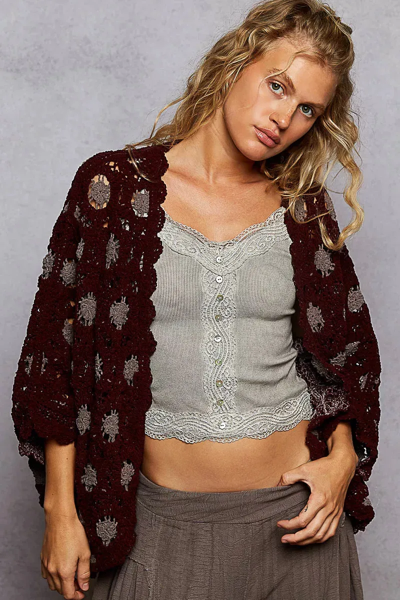 POL Openwork V-Neck Chenille Cardigan with Contrast Floral sold by Charming Charlie product image thumbnail 2