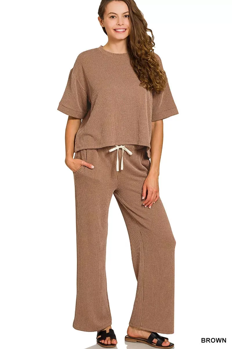 Zenana Raised Rib Short Sleeve Tee & Pants Set sold by Charming Charlie