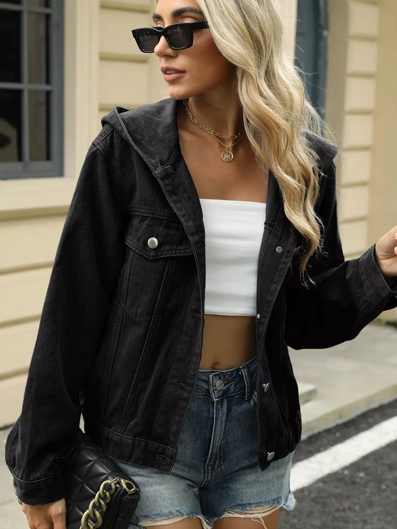 Washed Button Up Hooded Denim Jacket sold by Charming Charlie product image thumbnail 2