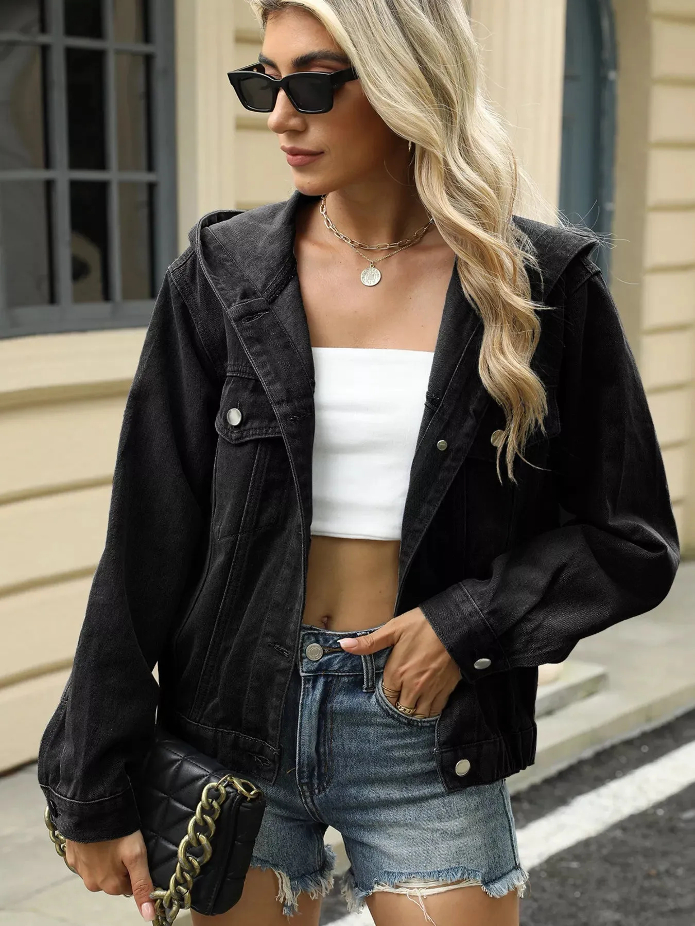 Washed Button Up Hooded Denim Jacket sold by Charming Charlie product image thumbnail 3