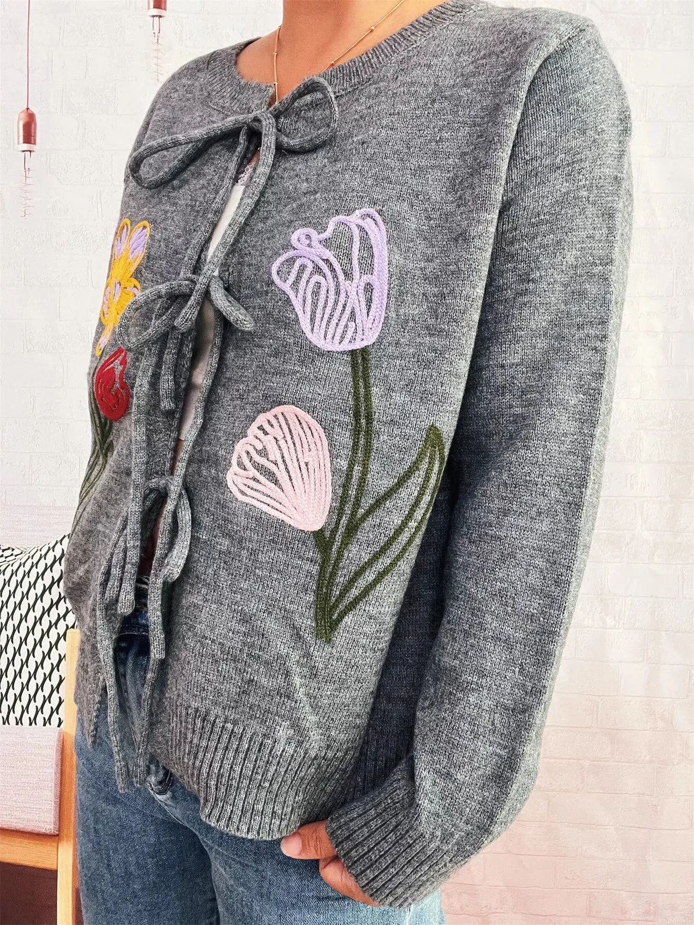 Floral Ribbed Hem Tie Front Cardigan sold by Charming Charlie product image thumbnail 4