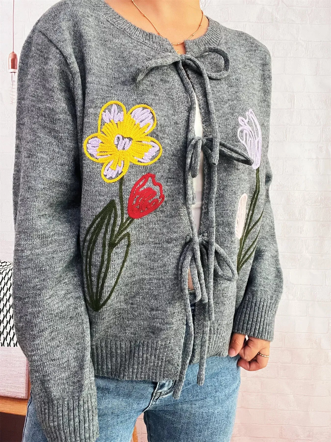 Floral Ribbed Hem Tie Front Cardigan sold by Charming Charlie product image thumbnail 2