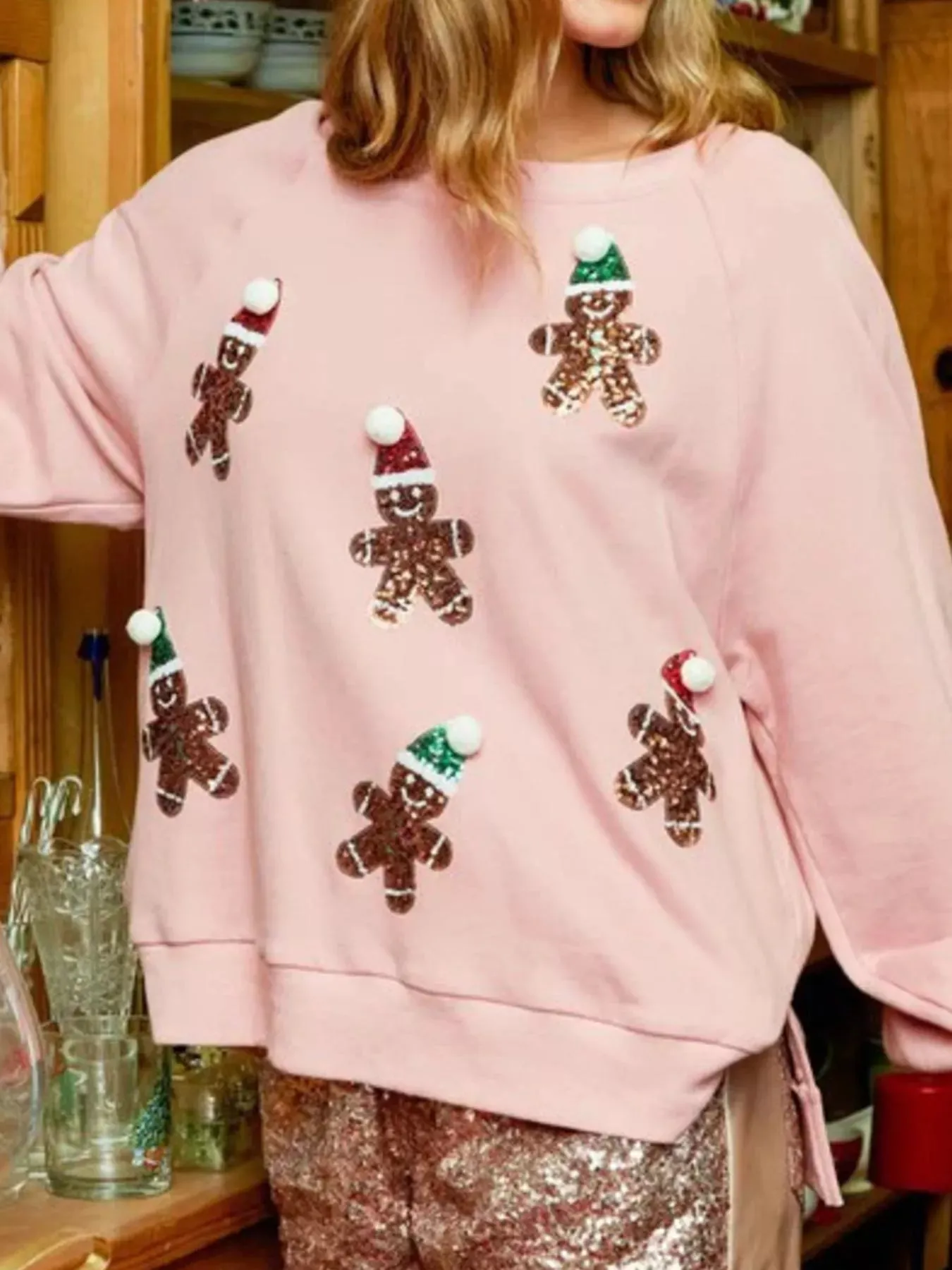Christmas Sequin Gingerbread Round Neck Sweatshirt sold by Charming Charlie product image thumbnail 5