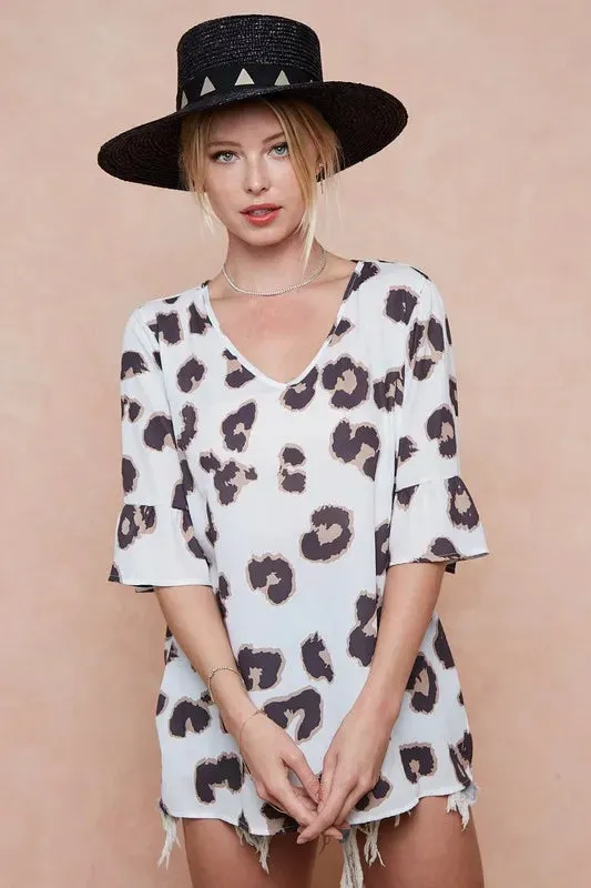 BiBi Leopard Printed V Neck Woven Top with Ruffled sold by Charming Charlie