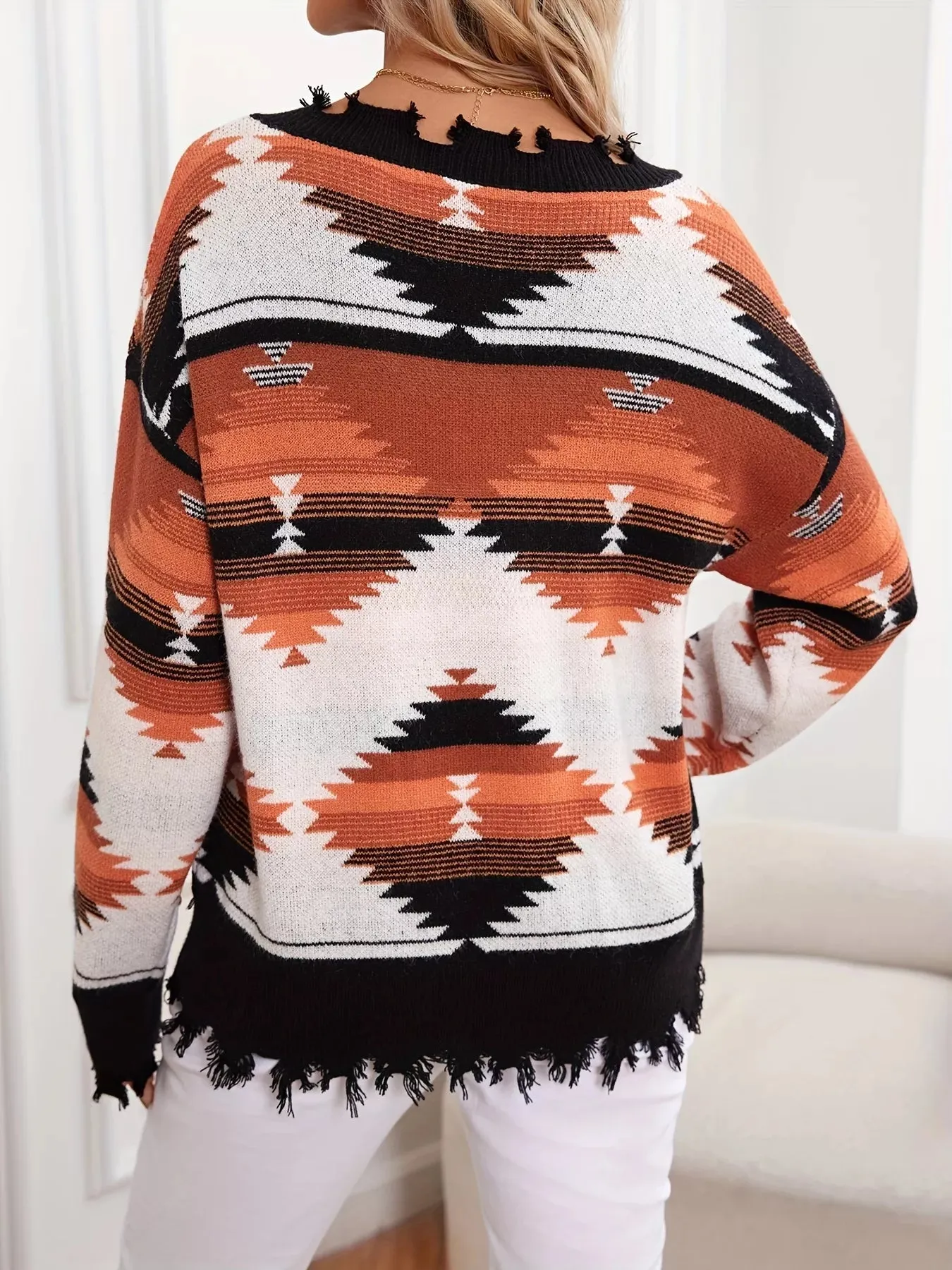 Geometric Frayed Hem V-Neck Long Sleeve Sweater sold by Charming Charlie product image thumbnail 5