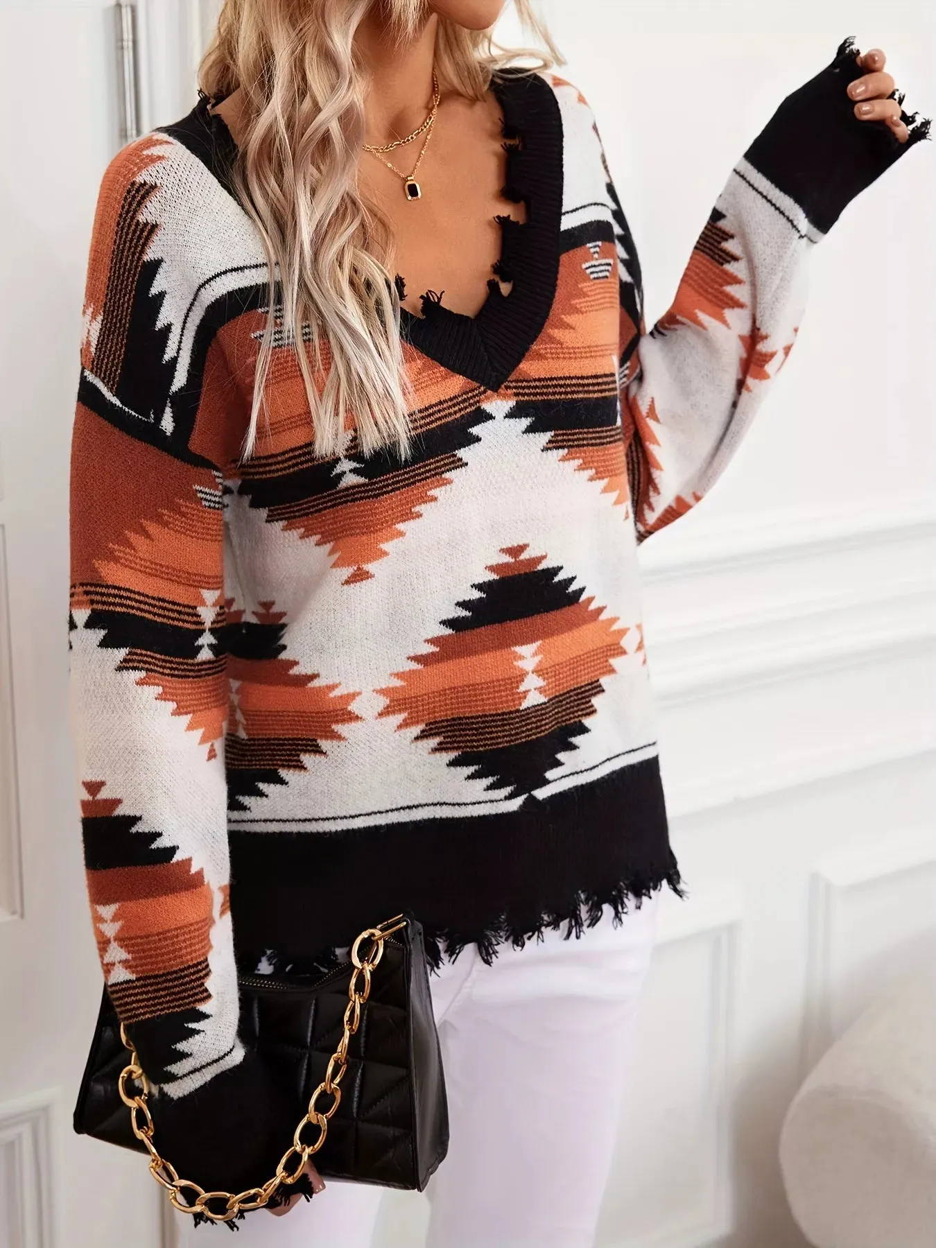 Geometric Frayed Hem V-Neck Long Sleeve Sweater sold by Charming Charlie product image thumbnail 4