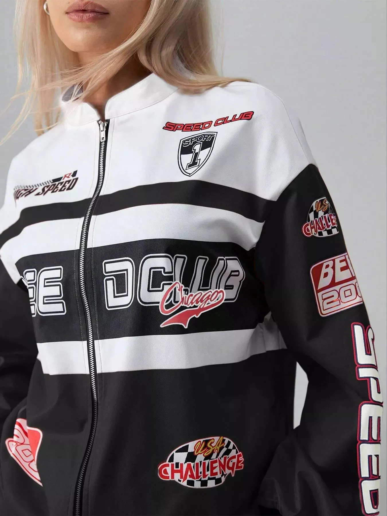 Letter Zip Up Dropped Shoulder Jacket sold by Charming Charlie product image thumbnail 3