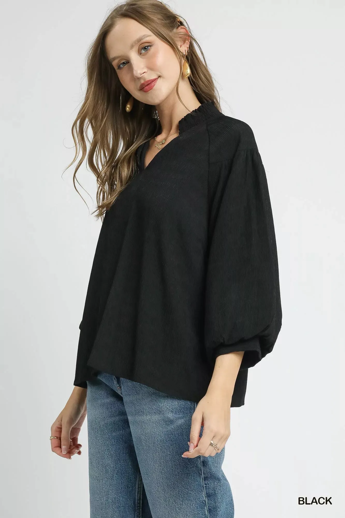 Umgee Textured V-Neck Blouse with Balloon Sleeves sold by Charming Charlie product image thumbnail 3