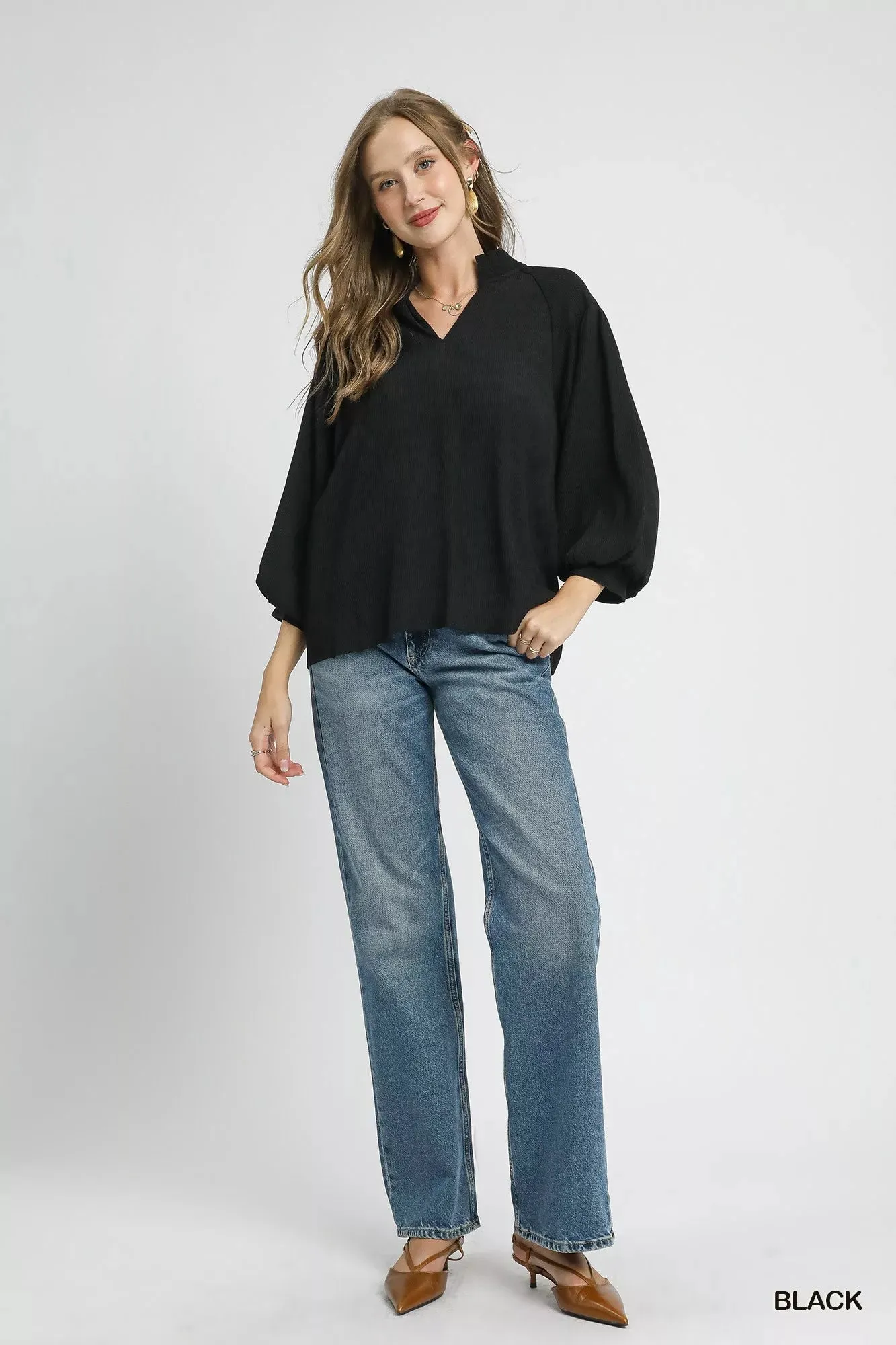 Umgee Textured V-Neck Blouse with Balloon Sleeves sold by Charming Charlie product image thumbnail 4