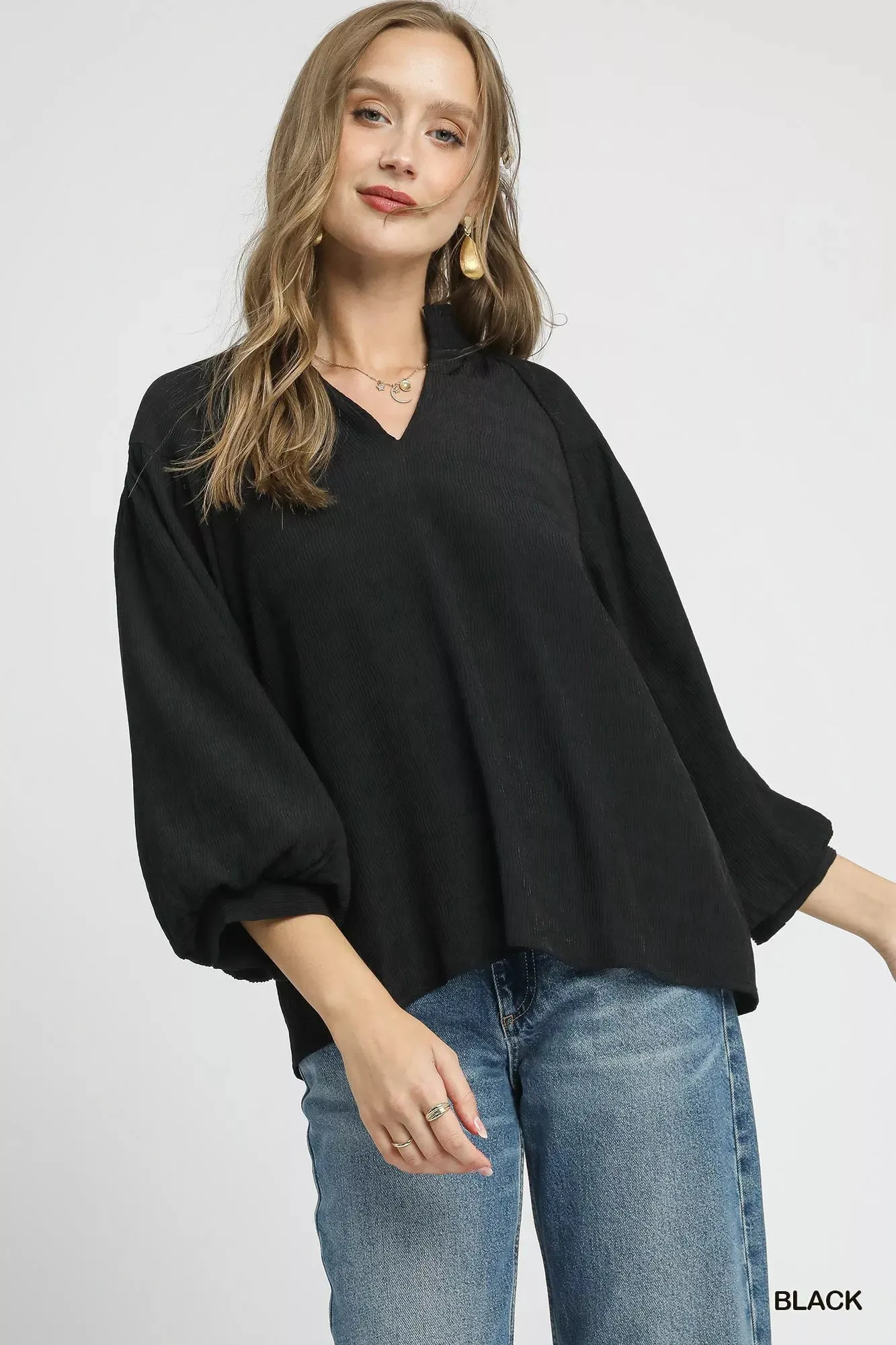 Umgee Textured V-Neck Blouse with Balloon Sleeves sold by Charming Charlie