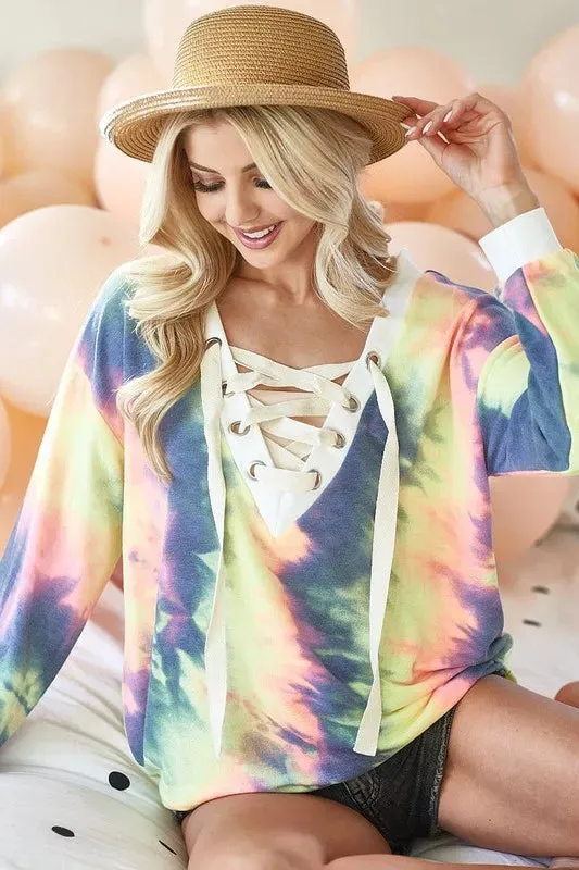 BiBi Tie Dye Deep V-Neck Top with Lace Up Front sold by Charming Charlie product image thumbnail 4