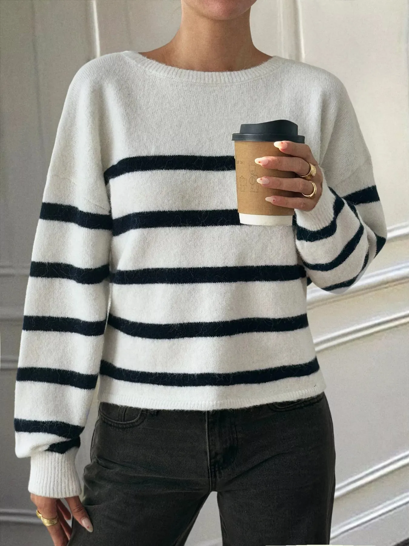 Striped Round Neck Long Sleeve Knit Top sold by Charming Charlie