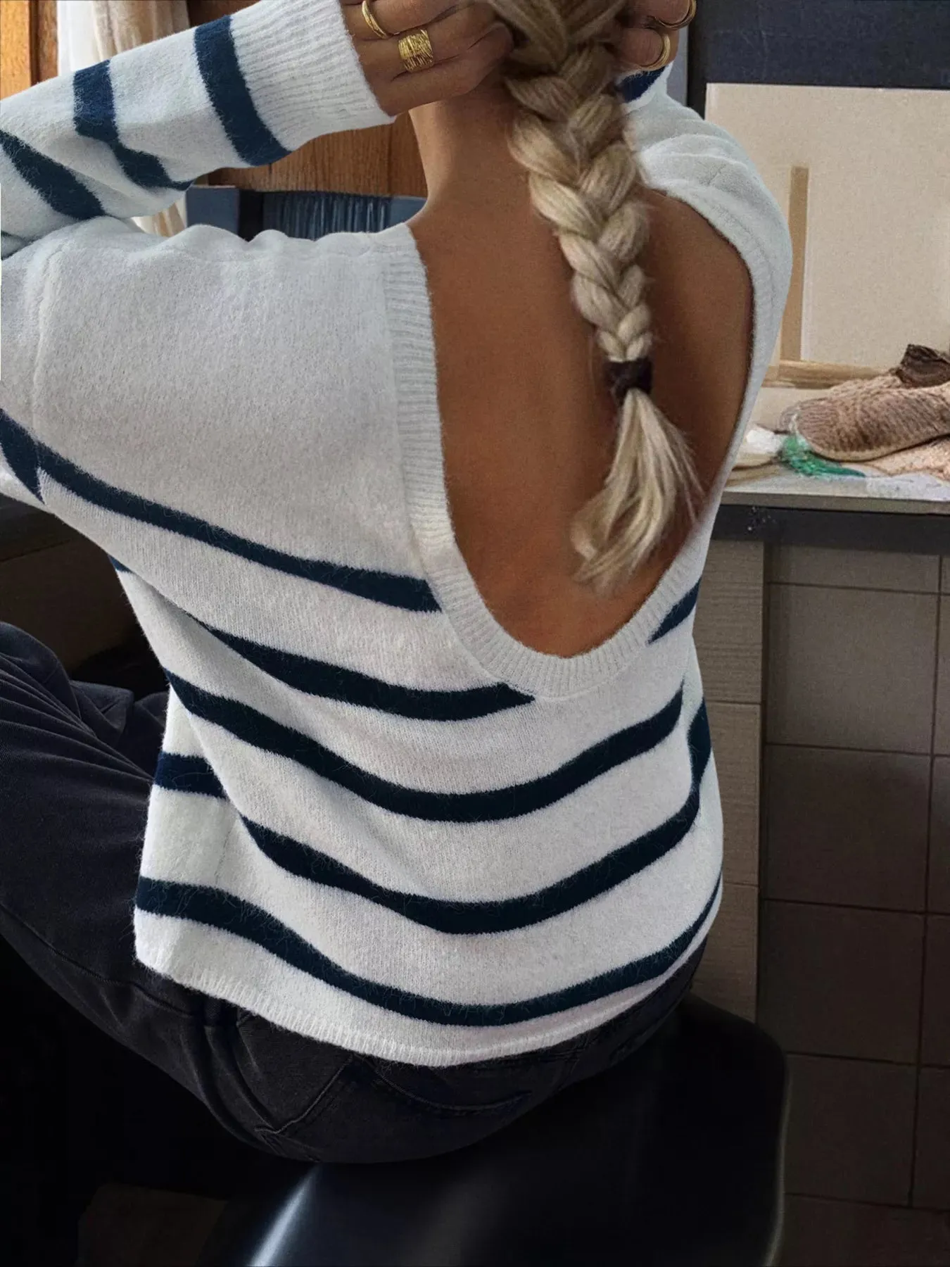 Striped Round Neck Long Sleeve Knit Top sold by Charming Charlie product image thumbnail 5