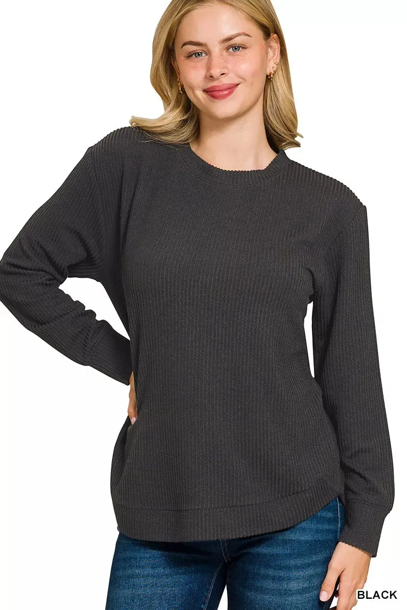 Zenana Full Size Raised Rib Round Neck Long Sleeve Top Plus Size sold by Charming Charlie