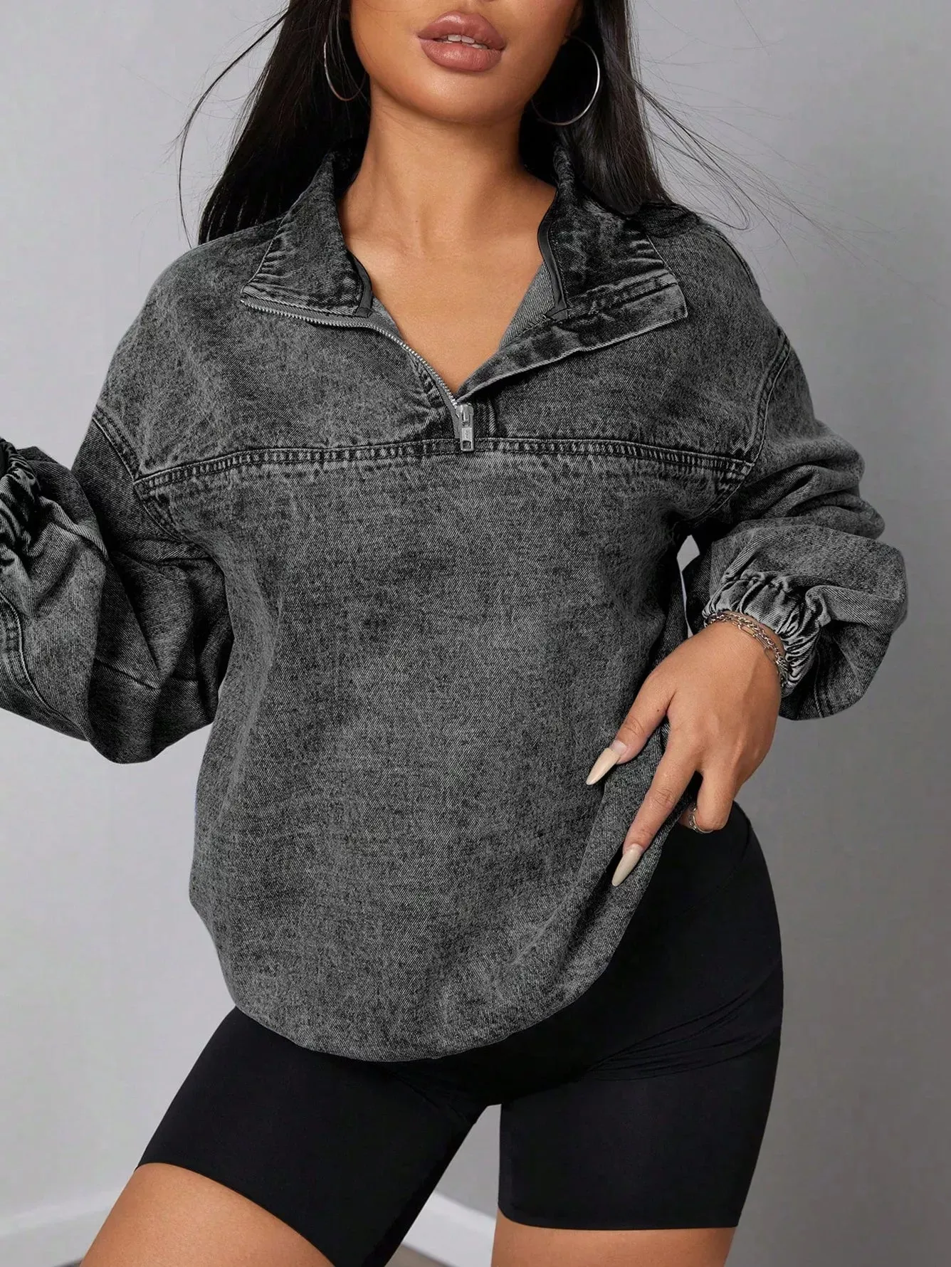 Elastic Hem Quarter Zip Denim Top sold by Charming Charlie product image thumbnail 2