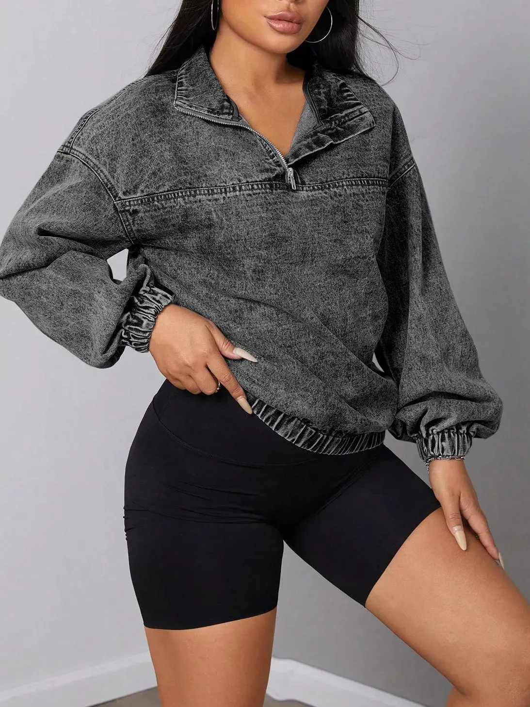 Elastic Hem Quarter Zip Denim Top sold by Charming Charlie product image thumbnail 4