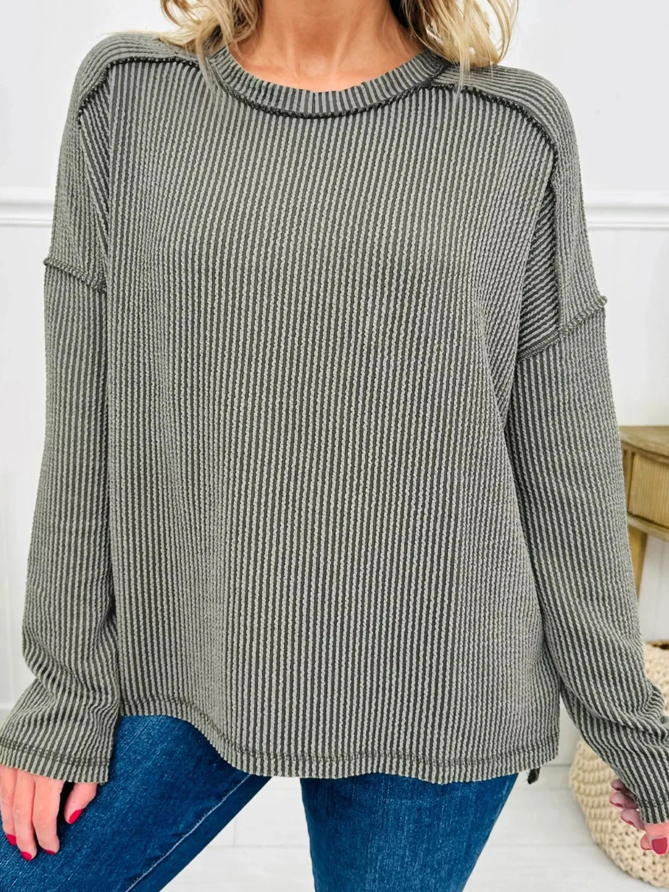 Twist Ribbed Exposed Seam Detail Long Sleeve Loose Top sold by Charming Charlie