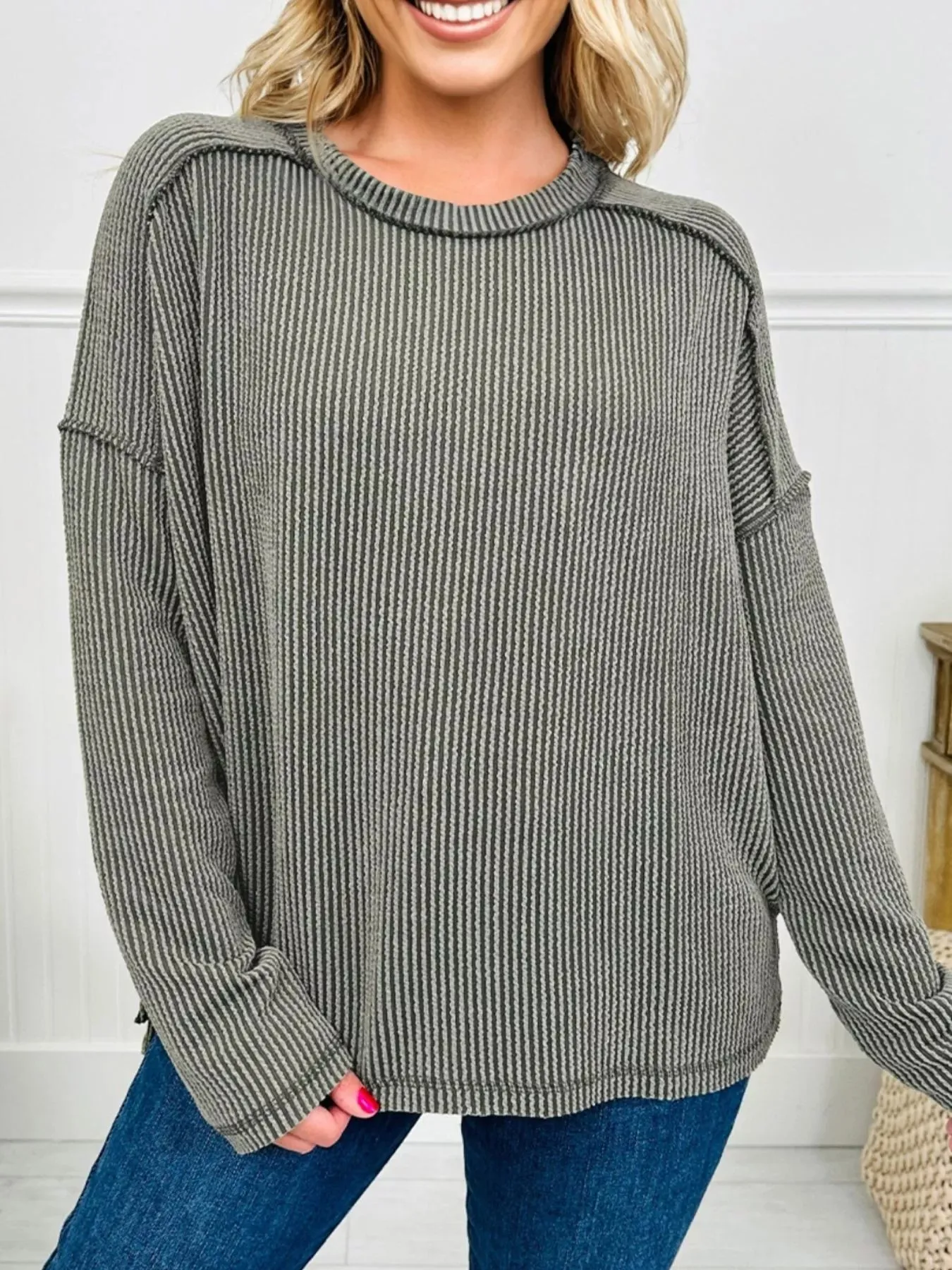 Twist Ribbed Exposed Seam Detail Long Sleeve Loose Top sold by Charming Charlie product image thumbnail 2