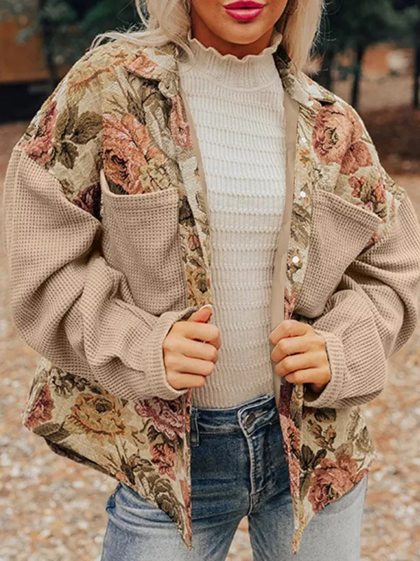 Floral Waffle Knit Patchwork Chest Pockets Buttoned Jacket sold by Charming Charlie