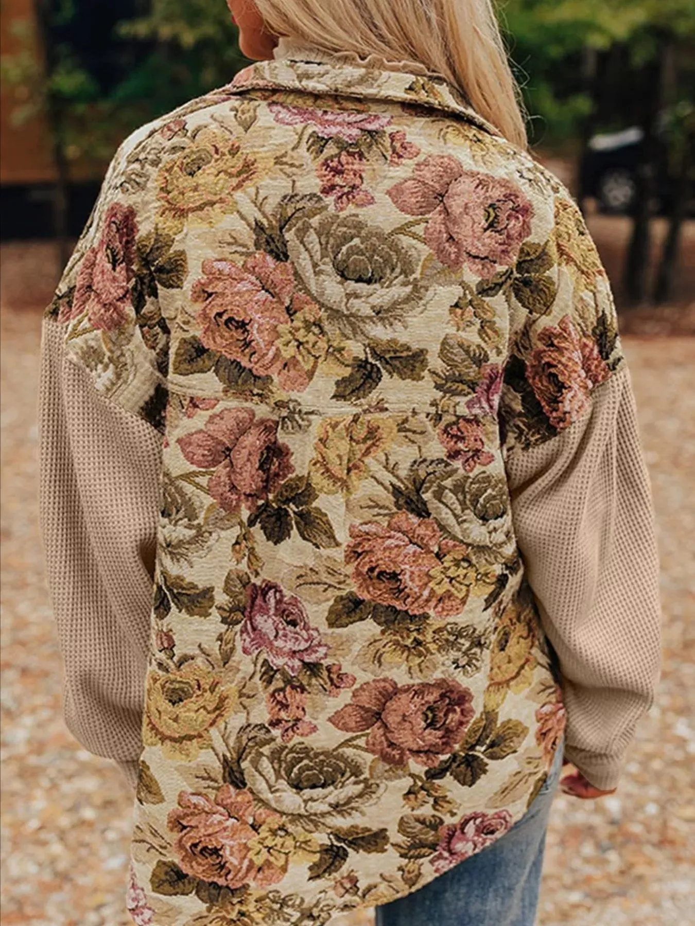 Floral Waffle Knit Patchwork Chest Pockets Buttoned Jacket sold by Charming Charlie product image thumbnail 2