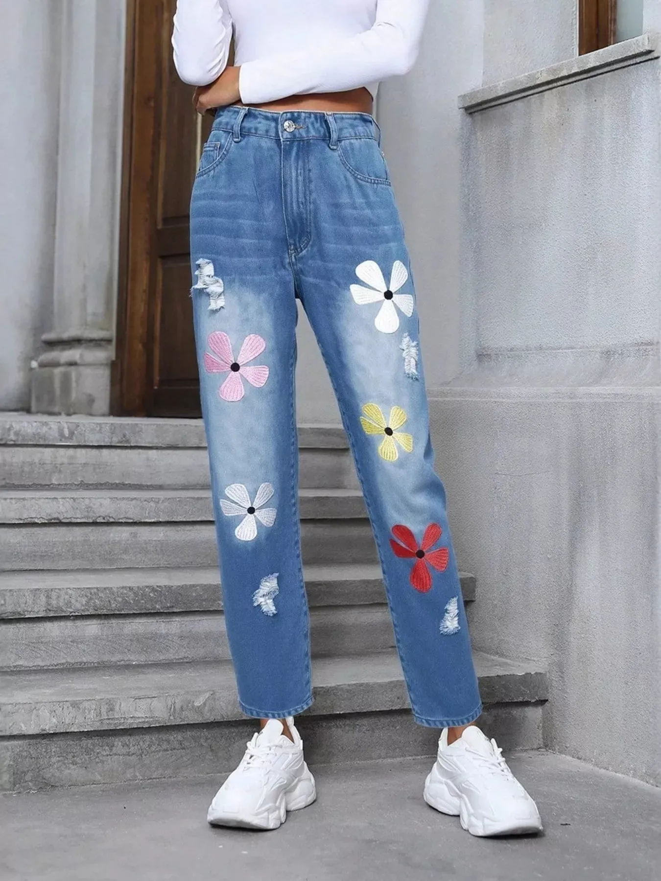 Floral Embroidered High Waist Distressed Jeans sold by Charming Charlie product image thumbnail 2
