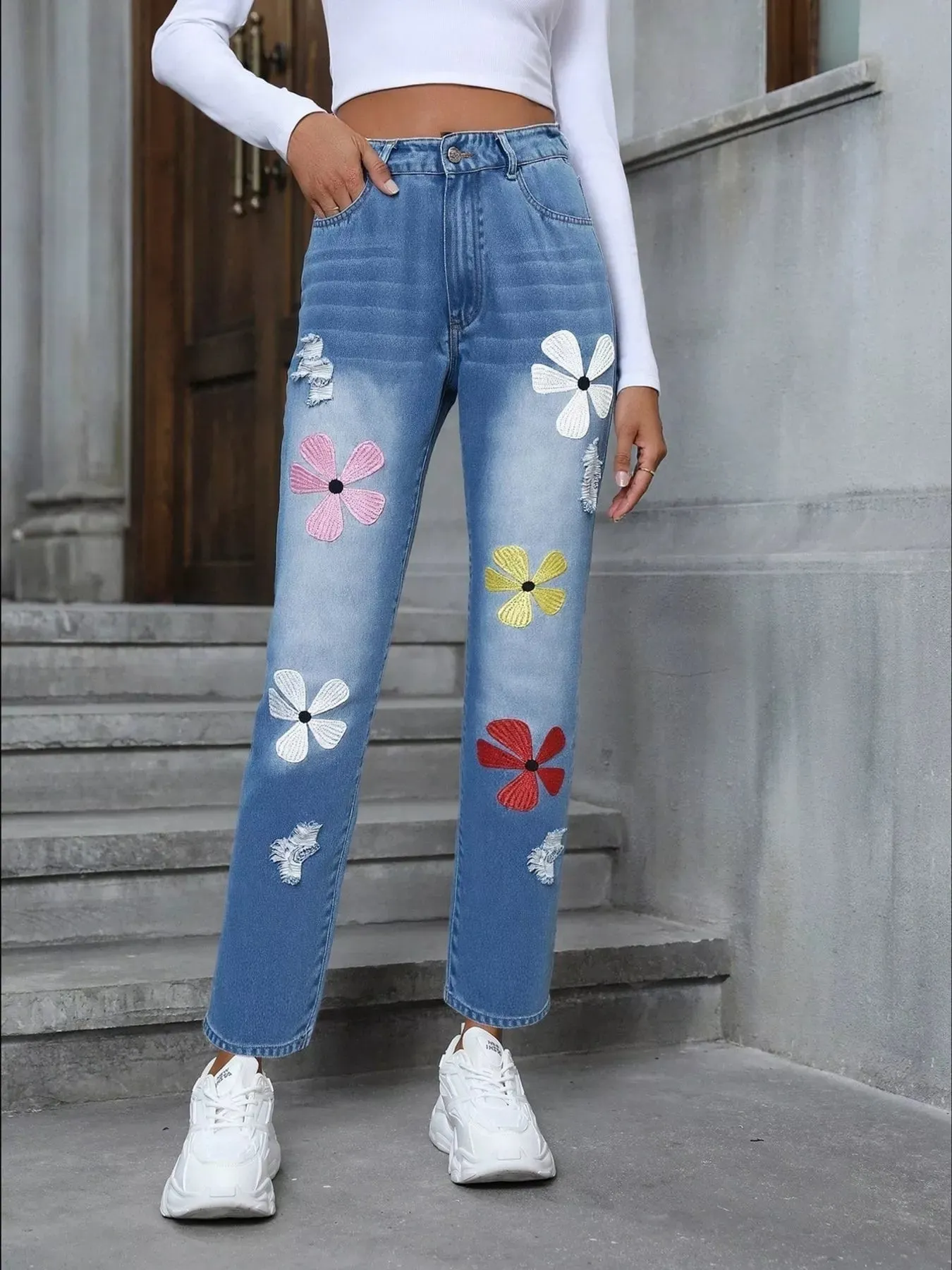 Floral Embroidered High Waist Distressed Jeans sold by Charming Charlie product image thumbnail 3