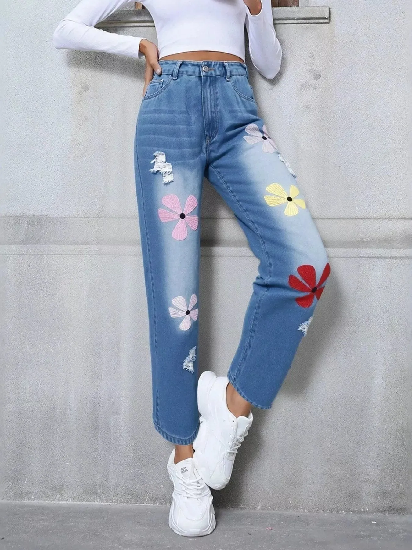 Floral Embroidered High Waist Distressed Jeans sold by Charming Charlie product image thumbnail 4