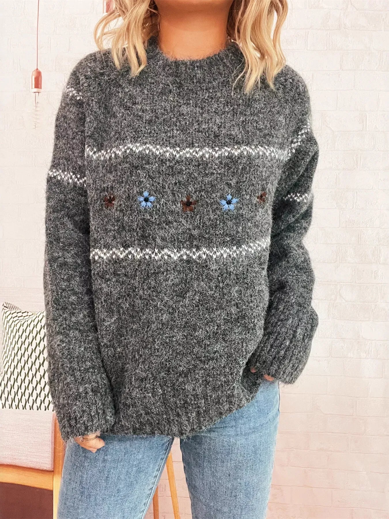 Ribbed Hem Flower Long Sleeve Sweater sold by Charming Charlie product image thumbnail 5