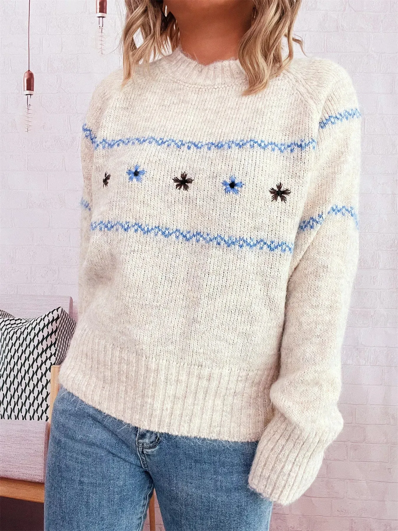 Ribbed Hem Flower Long Sleeve Sweater sold by Charming Charlie product image thumbnail 3