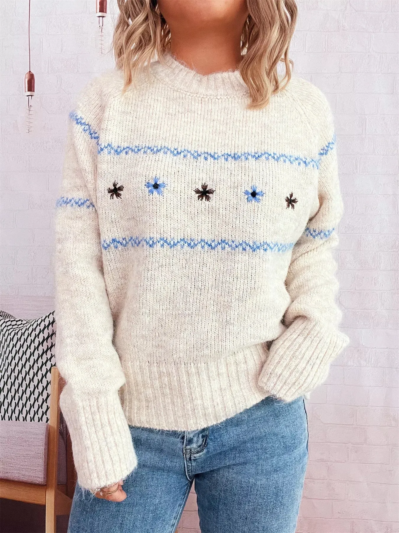 Ribbed Hem Flower Long Sleeve Sweater sold by Charming Charlie