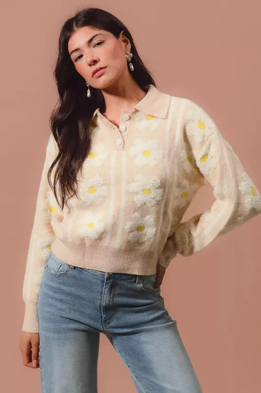 SO ME Floral Stripe Polo Collar Sweater sold by Charming Charlie