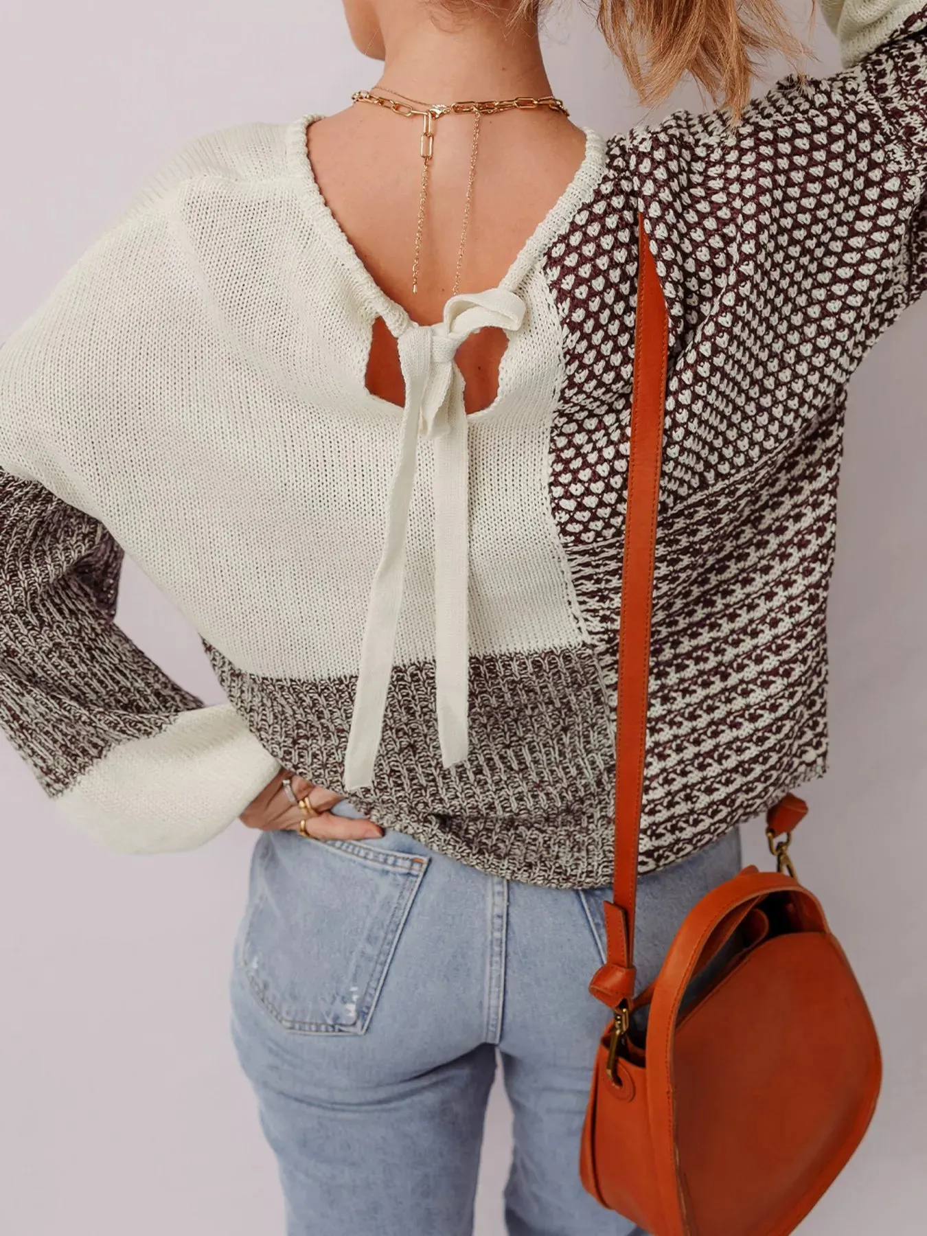 Color Block Back Tie Drop Shoulder Loose Sweater sold by Charming Charlie product image thumbnail 3