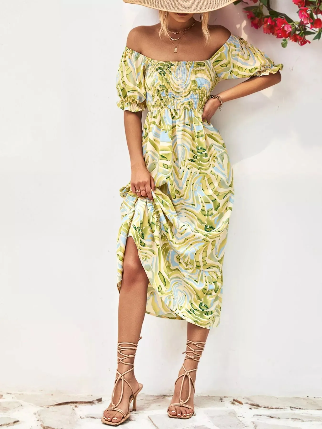Smocked Printed Puff Sleeve Midi Dress sold by Charming Charlie product image thumbnail 4