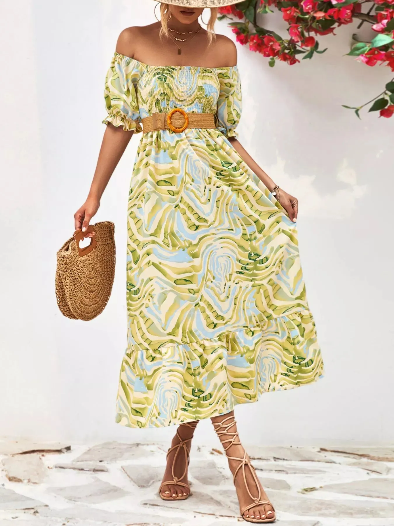 Smocked Printed Puff Sleeve Midi Dress sold by Charming Charlie
