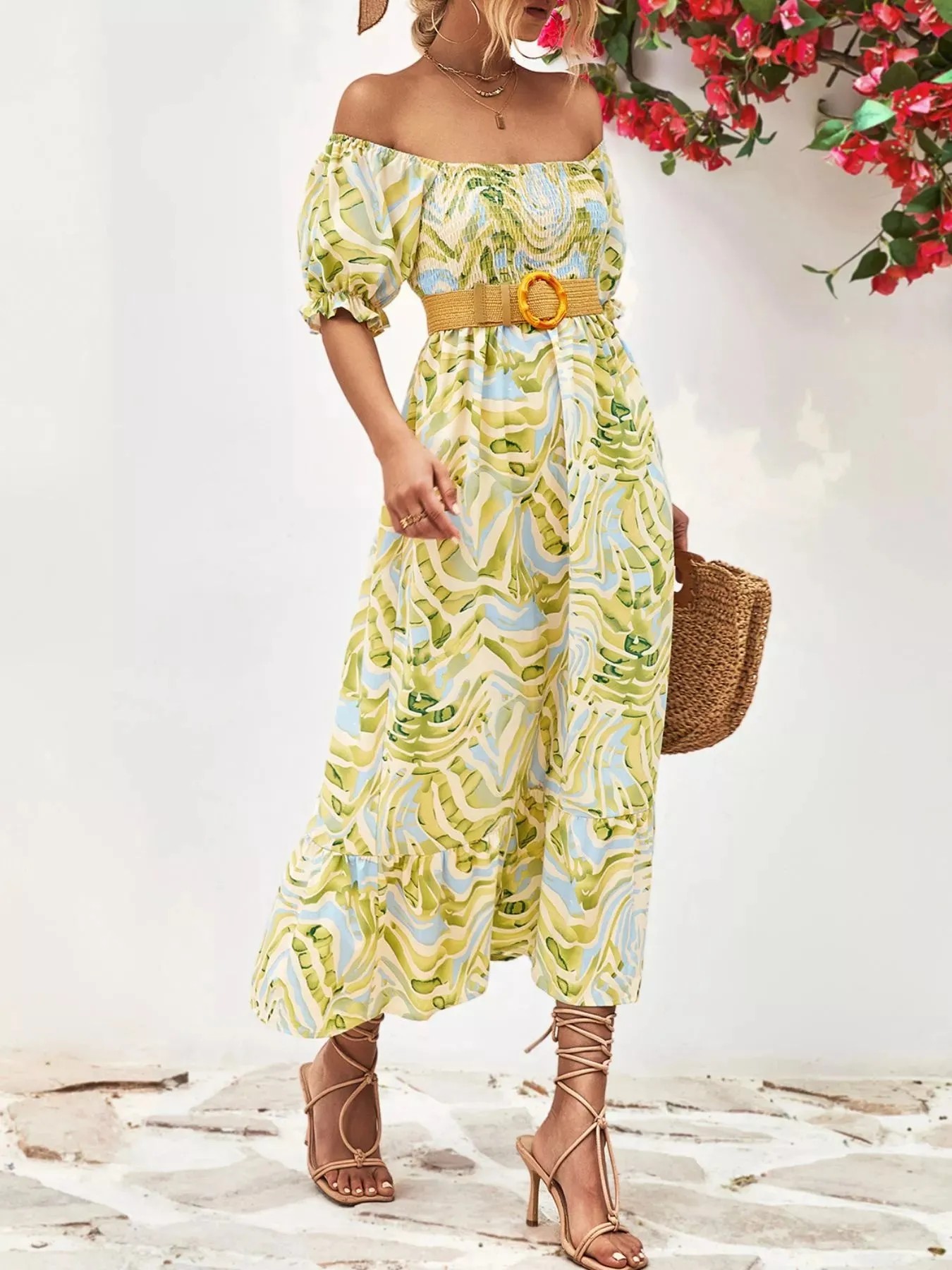 Smocked Printed Puff Sleeve Midi Dress sold by Charming Charlie product image thumbnail 5