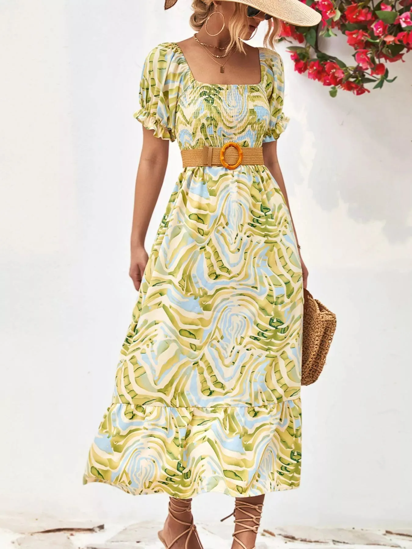 Smocked Printed Puff Sleeve Midi Dress sold by Charming Charlie product image thumbnail 2