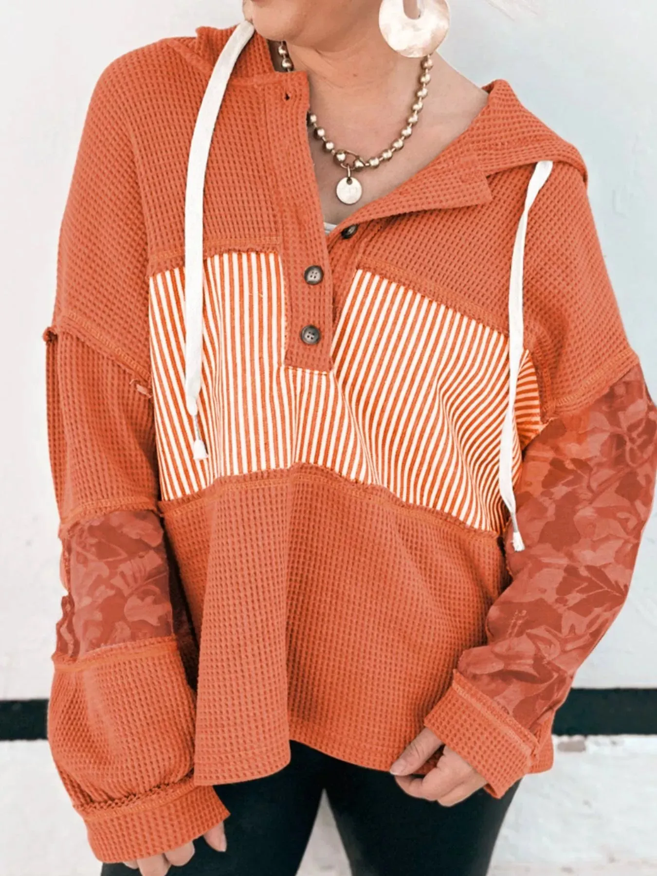 Waffle Knit Color Block Striped Drawstring Hoodie sold by Charming Charlie product image thumbnail 3